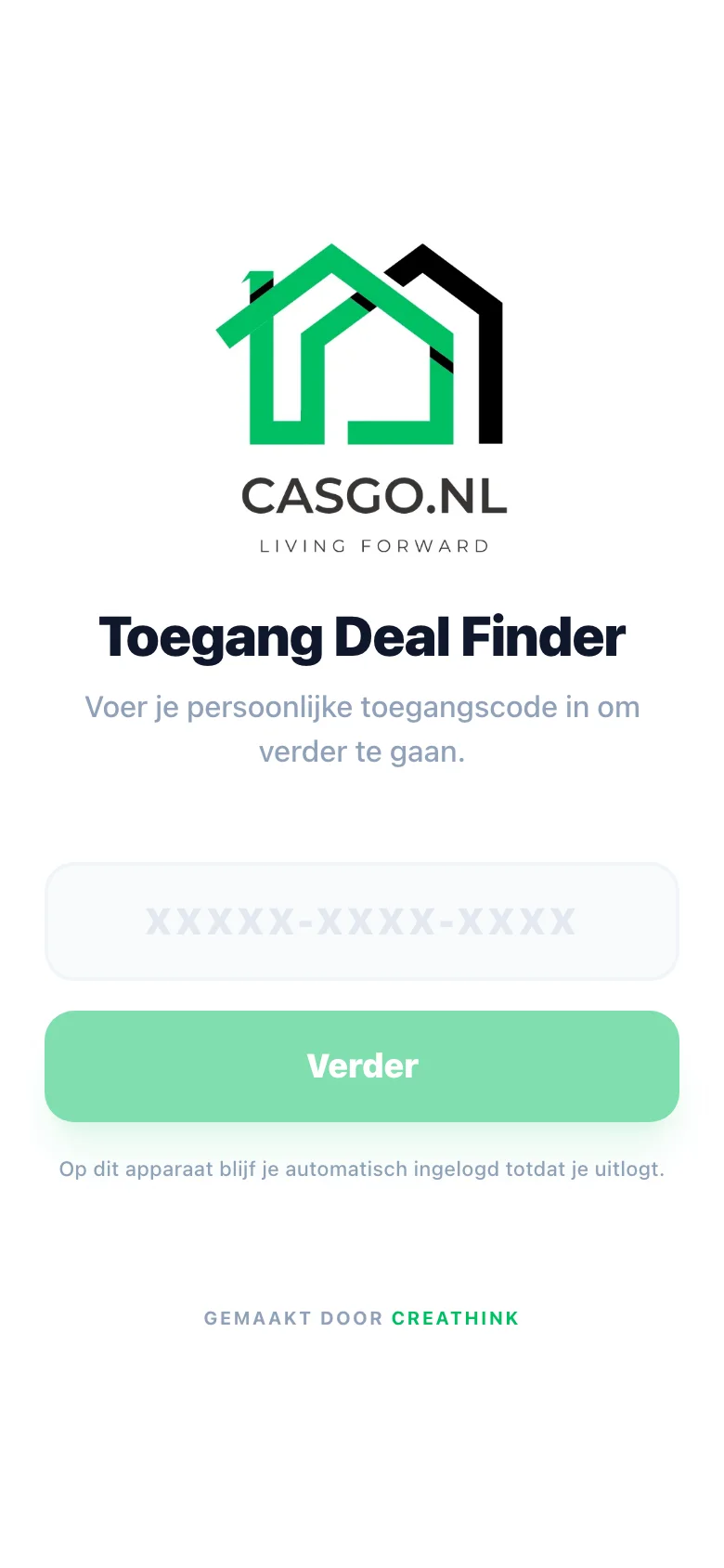 Het inlogscherm van de Deal Finder op een telefoon, met een veld voor de persoonlijke toegangscode