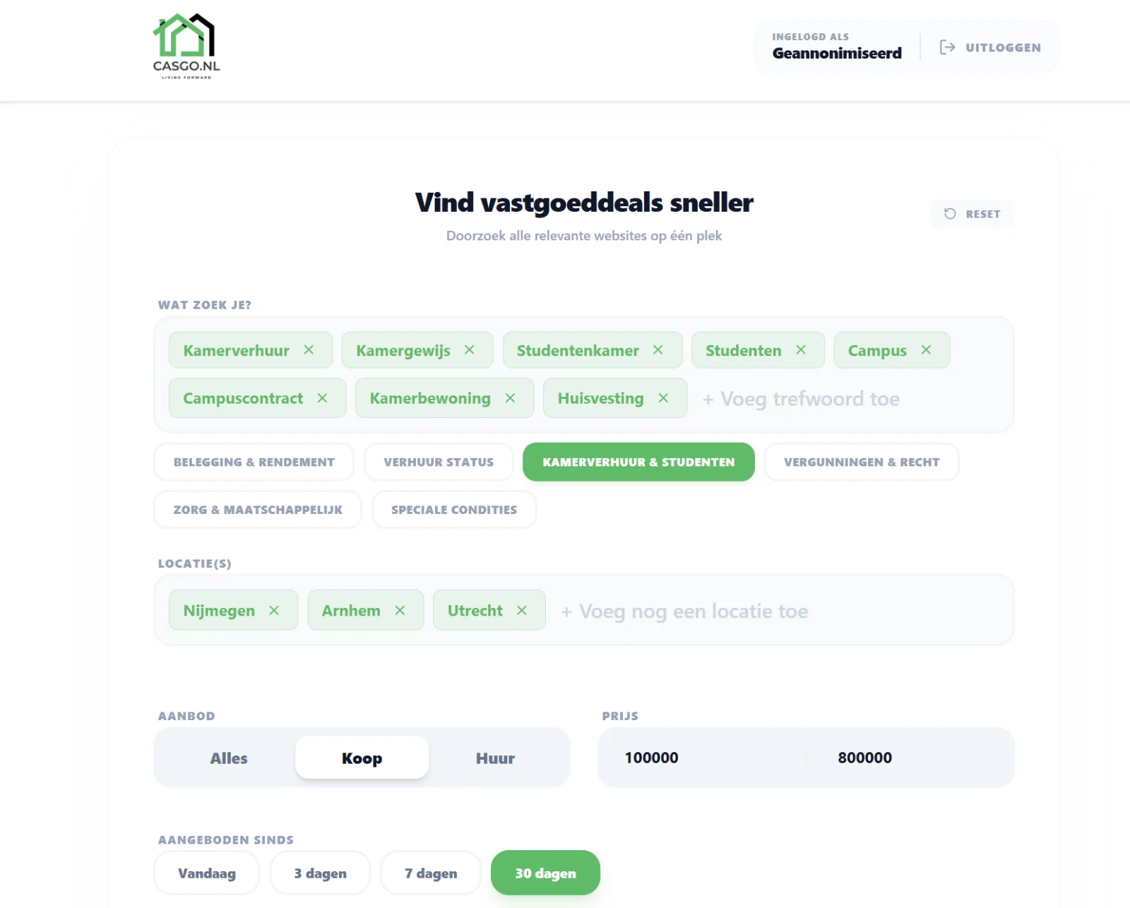 Het zoekscherm van de Deal Finder met trefwoorden, thema’s, locaties en prijsfilters (geanonimiseerd)