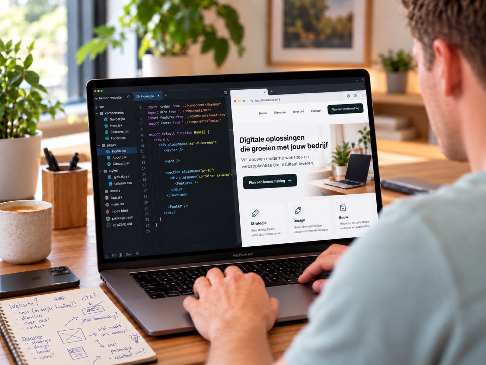 Code en live preview van een website op een MacBook