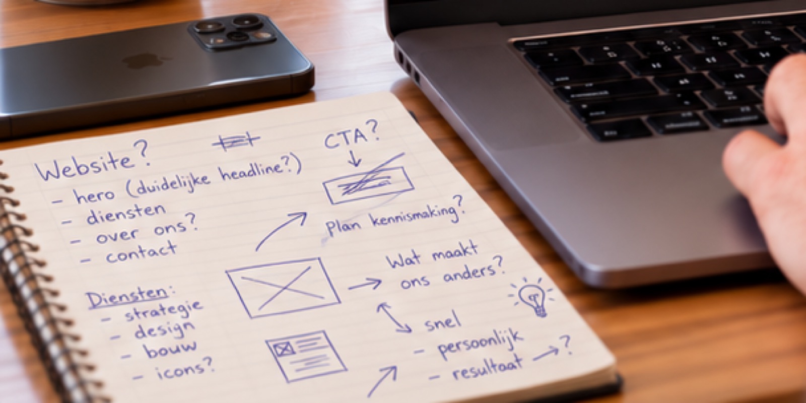 Handgeschreven websiteschetsen en notities in een notitieboek