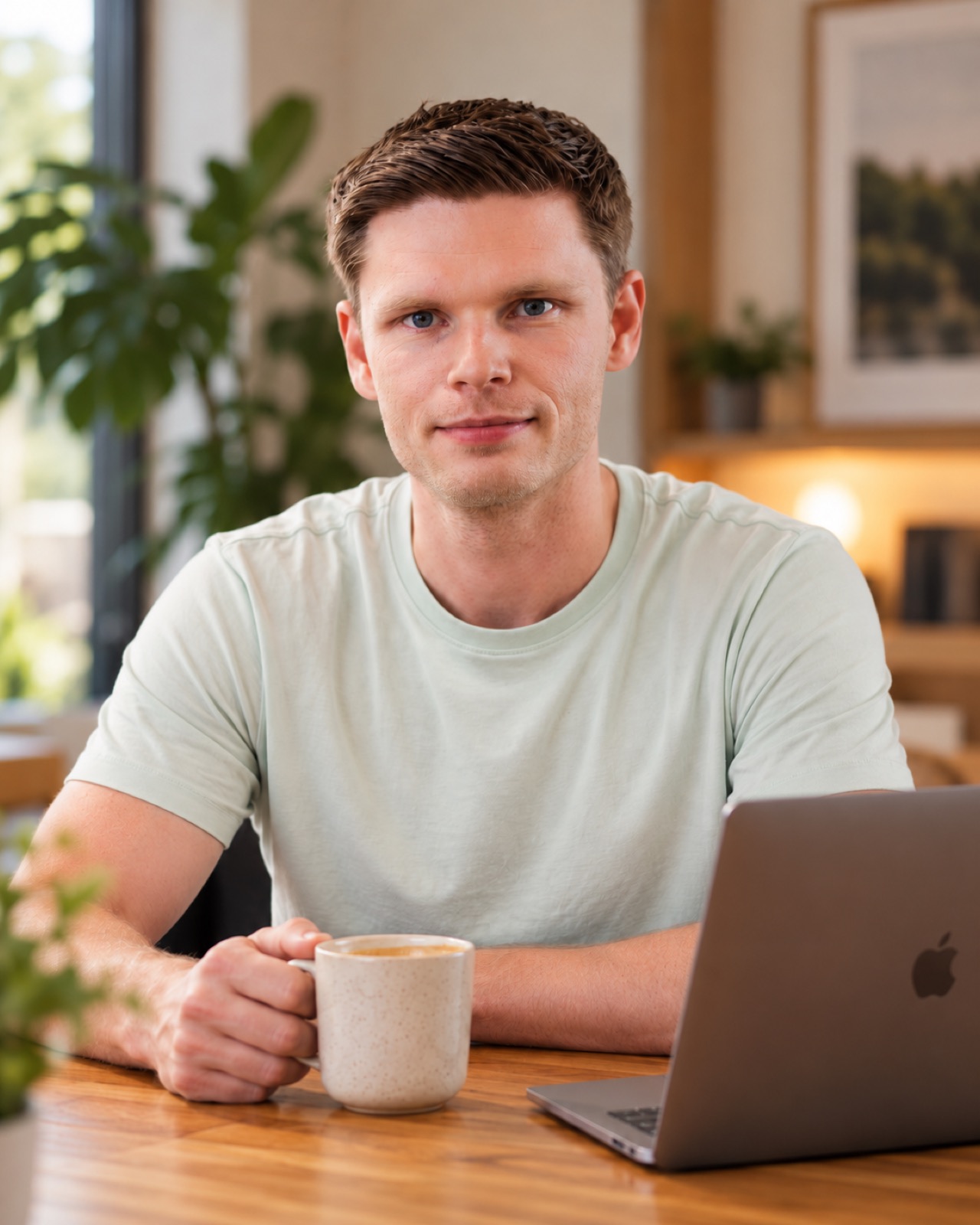 Sander van CreaThink aan tafel met koffie en laptop