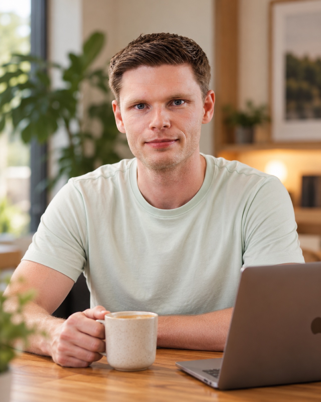 Sander aan tafel met koffie en laptop